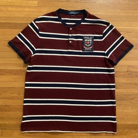 Polo Ralph Lauren Shirt Mens 2XL Maroon White Navy Striped Crest Custom Slim Fit - Picture 1 of 8
